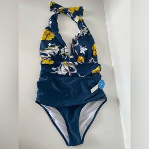 Cupshe Ruched Halter Blue and Yellow Floral One Piece Swimsuit NWT Size L